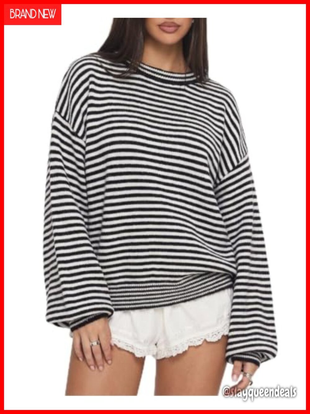 Oversized Striped Crewneck Sweater Balloon Long Sleeve Pullover Top